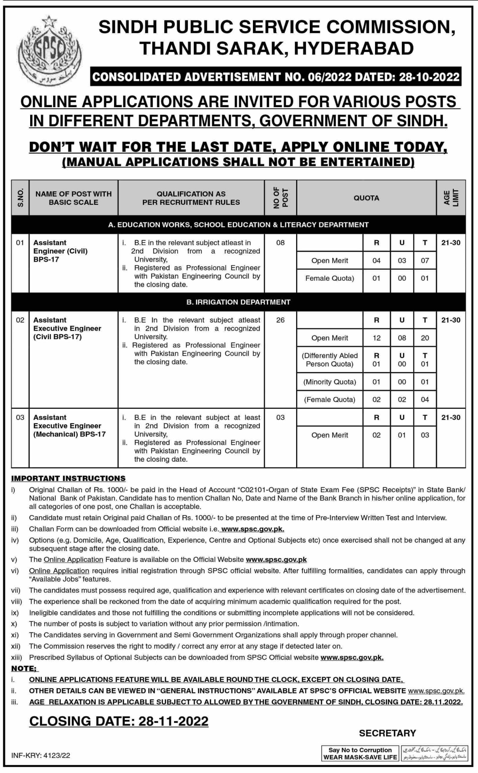 SPSC Jobs 2022 Advertisement No 6 – Sindh Public Service Commission – Apply Online spsc.gov.pk