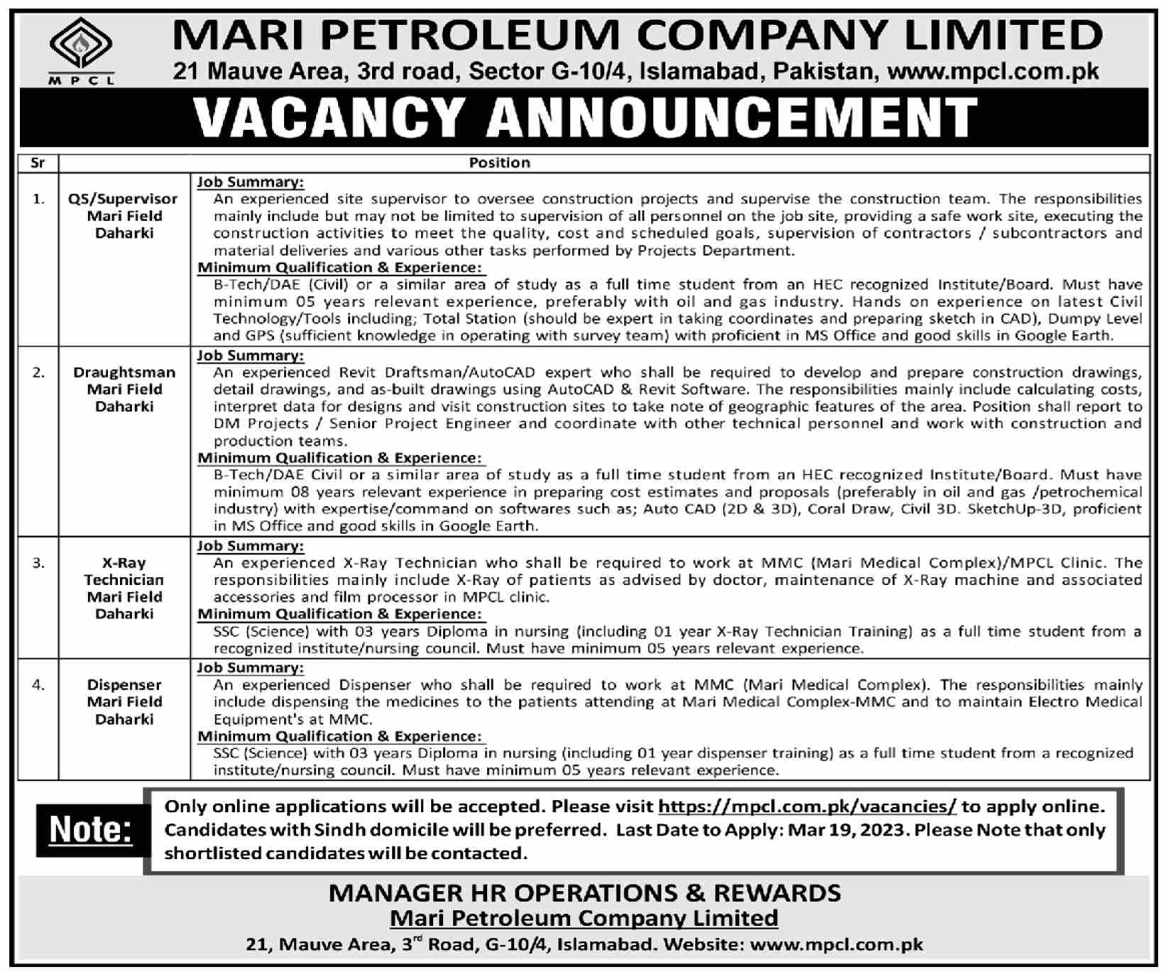 Mari Petroleum Company Limited MPCL Jobs 2023