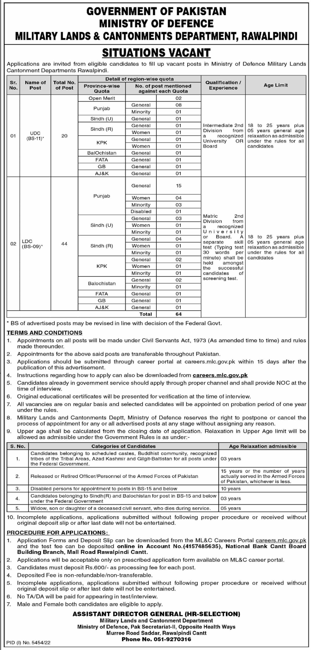 Ministry of Defence Military Lands & Cantonments Department Rawalpindi Jobs 2023