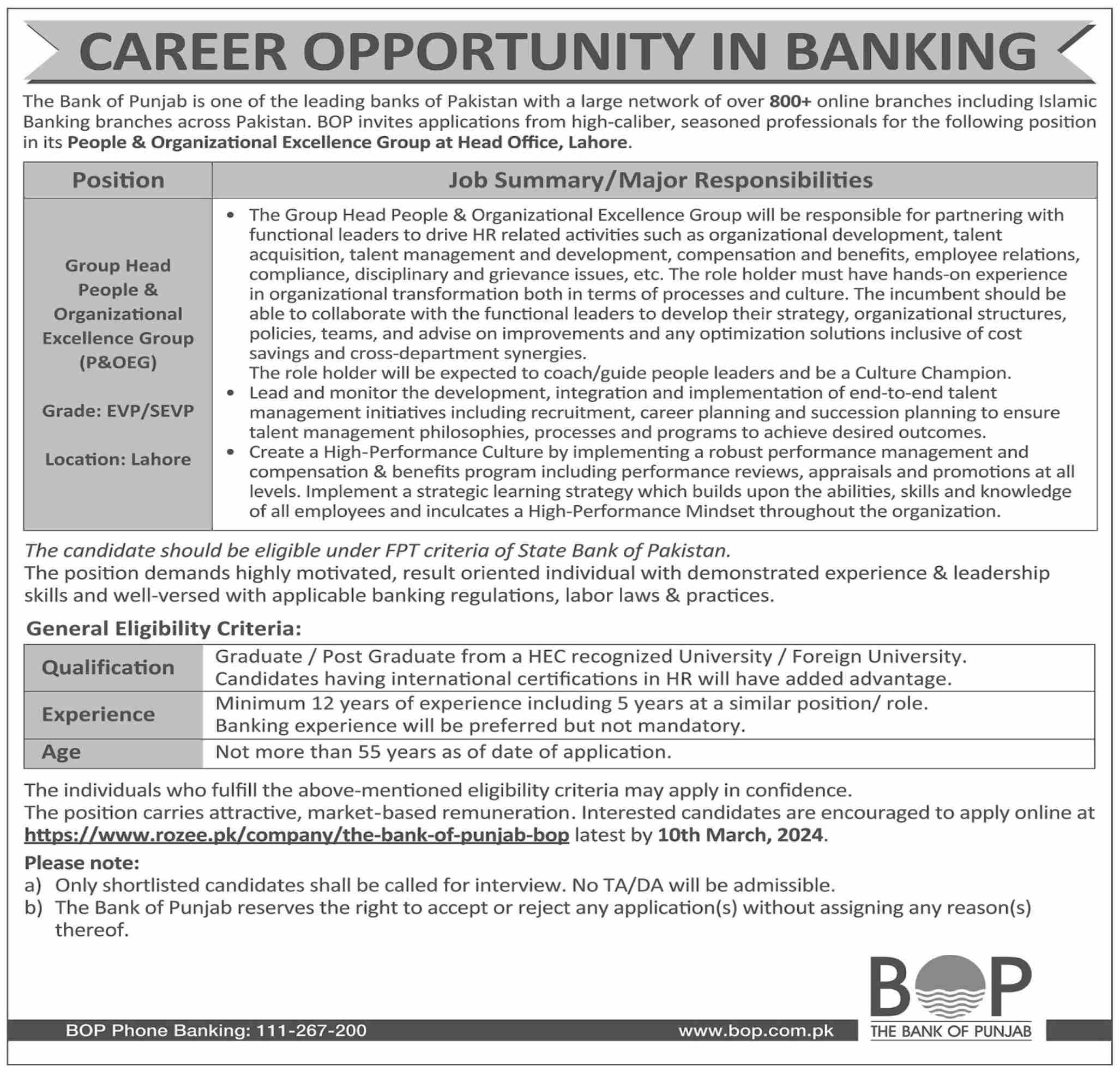 The Bank of Punjab BOP Jobs