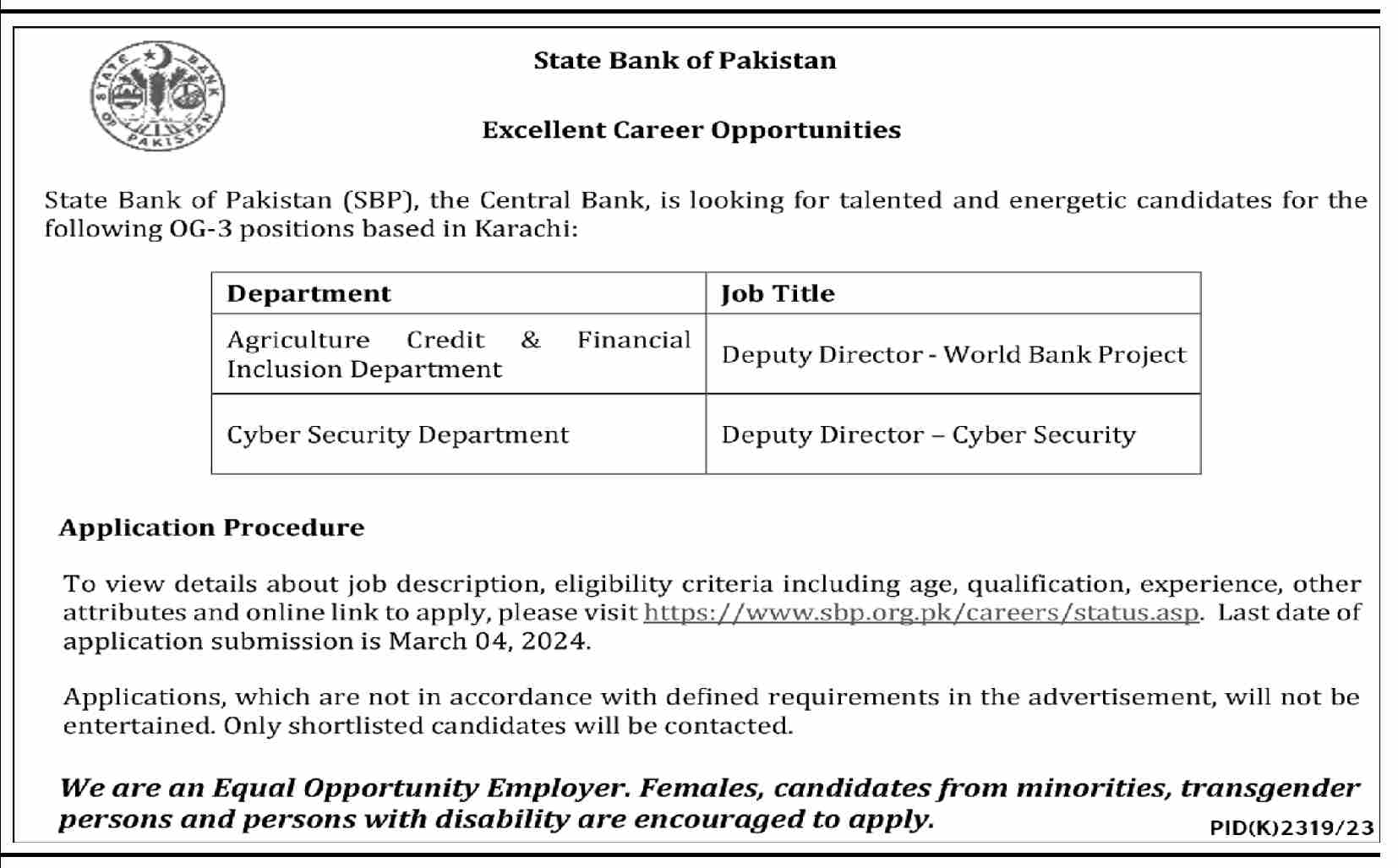 State Bank of Pakistan (SBP) Jobs